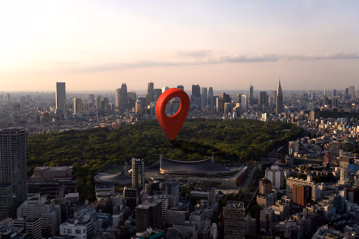 Location symbol over a landscape